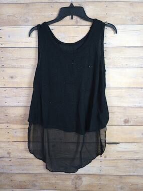 Moon Collection Women Tank Top Shirt Large Black High Low Scoop Neck Sheer Back